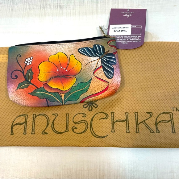 Anushka Hand Painted Leather Vintage Brown Orange Accessory Case Zip Rare - Picture 1 of 6